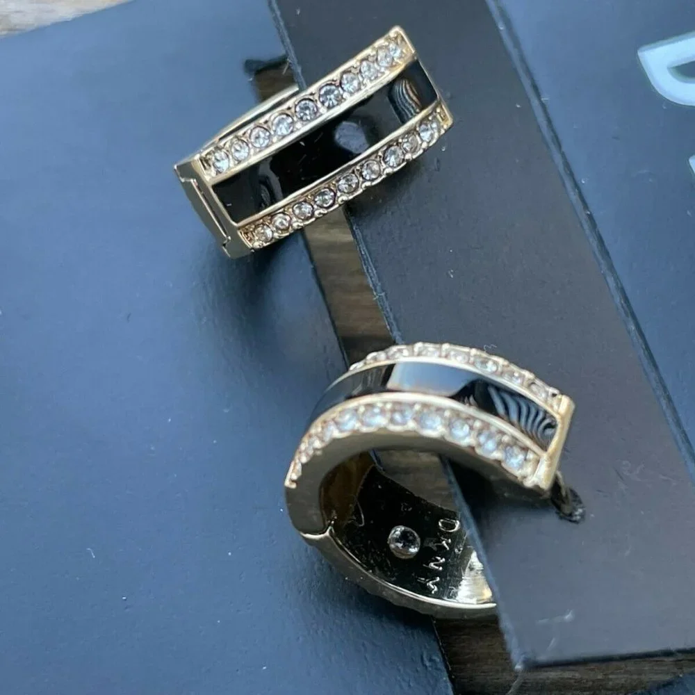 DKNY Women Earrings GoldBlack Tone Crystal Accent Hinge Ladies Ear Jewelry New - Picture 12 of 12